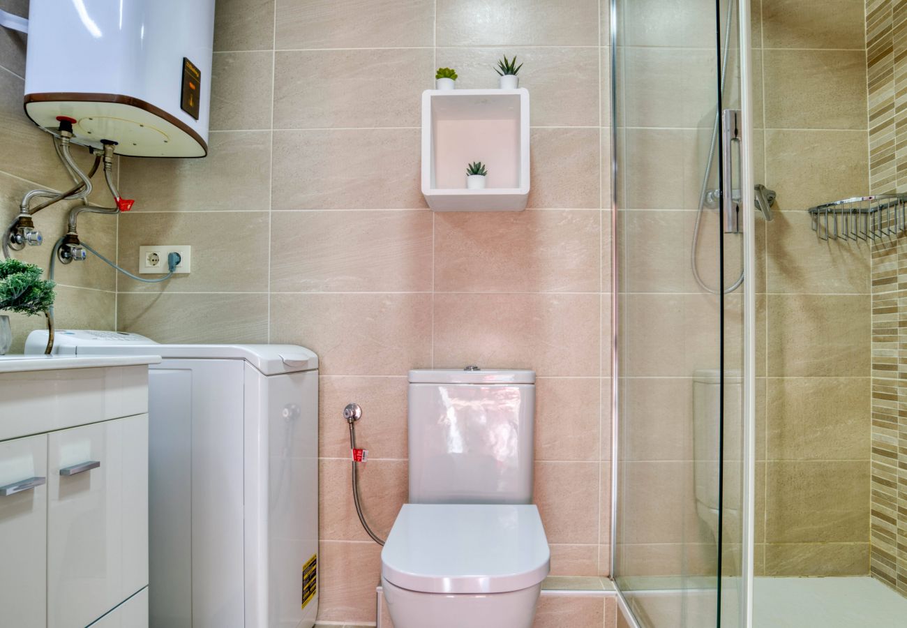 The flat in l'Escala has the washing machine in a corner of the bathroom