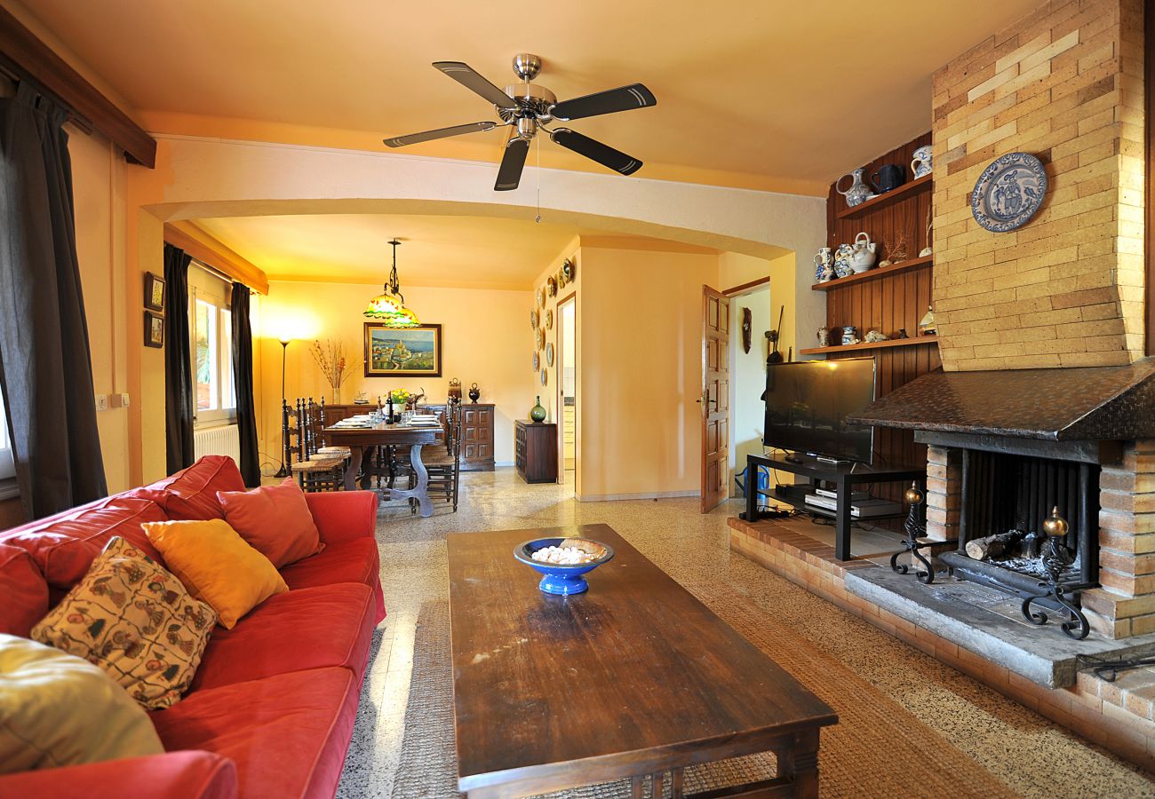 Living room with rustic decoration and fireplace